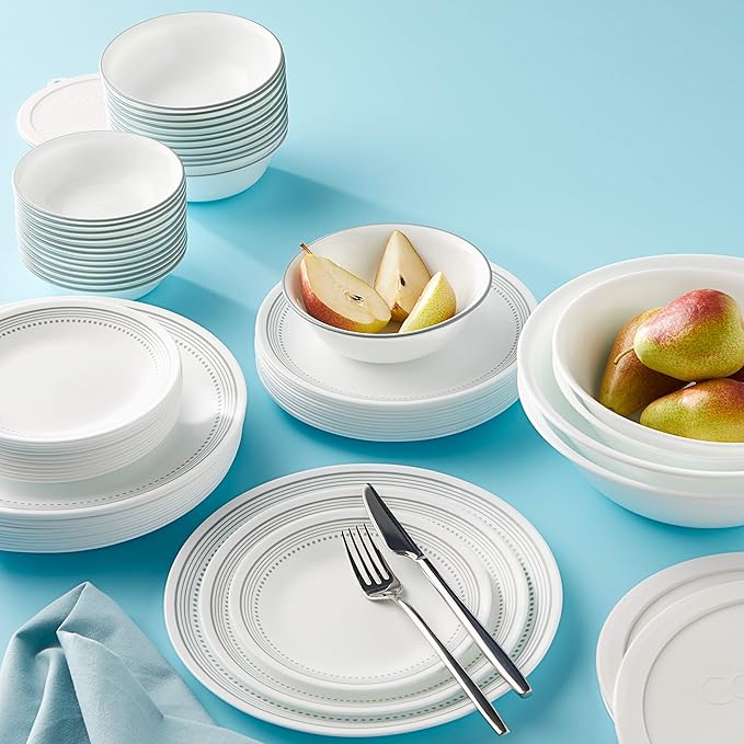 Corelle Vitrelle 78-Piece Service for 12 Dinnerware Set Triple Layer Glass and Chip Resistant Lightweight Round Plates and Bowls Set Mystic Gray