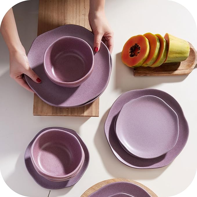 Corona Dinnerware Set 12–piece Plates and Bowls Set Ceramic Sets for 4 Microwave and Dishwasher Safe Gulupa Reactive Glaze Bold &amp Matte Set.