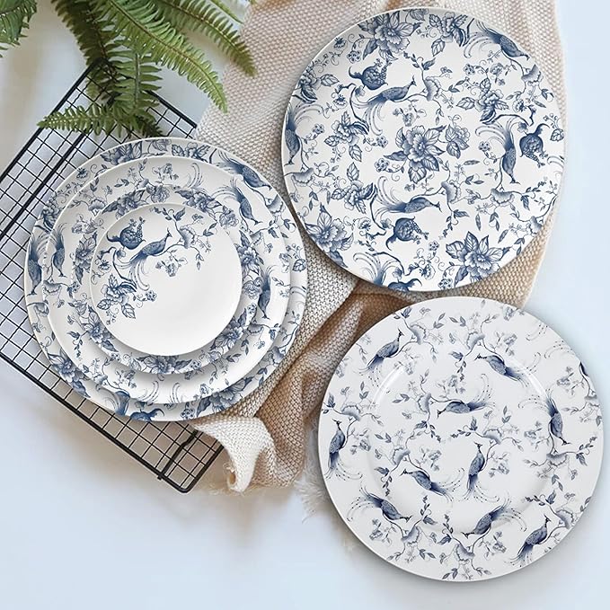 ceramic plate set for 4 24 piece bone china dinnerware set blue and white floral bird porcelain dishes sets for wedding housewarming hotel