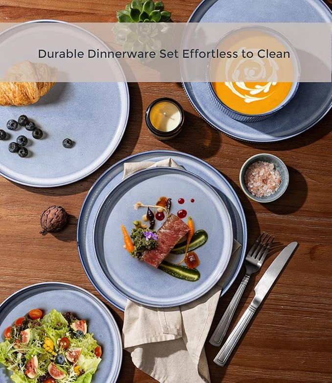 GBHOME 12-Piece Stoneware Dinnerware Set for 4 – Ribbed Ceramic Plates and Bowls Scratch-Resistant Microwave &amp Dishwasher Safe Reactive Glaze Deep Tidal Blue