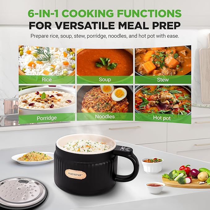 NutriChef 1.6 QT Portable Electric Rice Cooker &amp Lunch Maker | Multi-Functional &amp Non-Stick Ceramic Coating | Digital Control Panel | 6 Cook Functions: Rice Soup Stew Porridge &amp More |