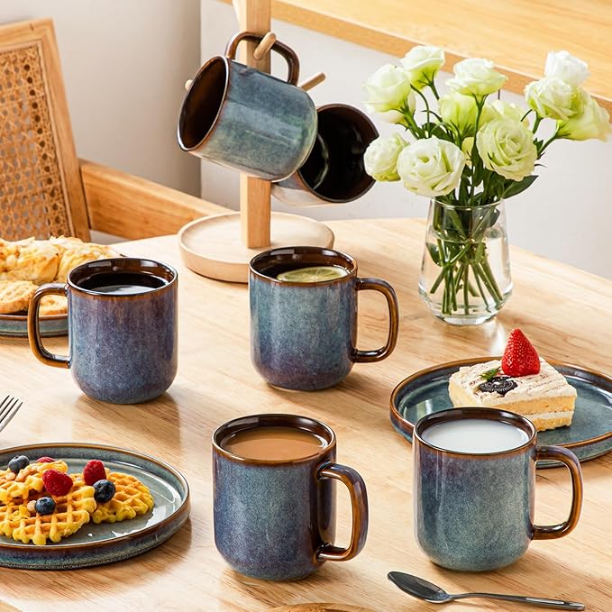 vancasso ONION Ceramic Plates and Bowls Sets 12 Pieces Blue Dinnerware Sets and 16 oz Large Ceramic Coffee Cups Set of 6 Stoneware Mugs with Handle for Latte Tea Cappuccino