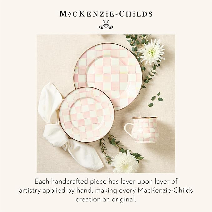MACKENZIE-CHILDS Enamel Salad and Dessert Plate Small Plate for Appetizers or Desserts 8 Inches Pink-and-White Rosy Check