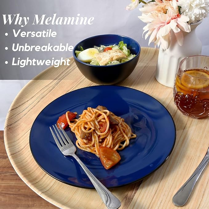 TP 18-Piece Dinnerware Set Melamine Dishes Set with Bowls and Plates Service for 6 Non-breakable Lightweight Dining Tableware Blue and Black