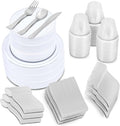 600-Piece Premium Plastic Dinnerware Set for 100 Guests - Includes 100 Dinner Plates Salad Plates Cutlery (Forks Knives Spoons) Cups - White with Silver Rim