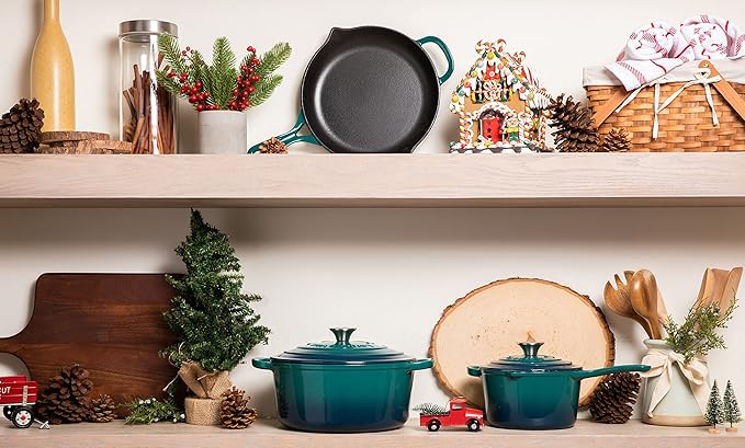 Larder &amp Vine 9 Piece Enameled Cast Iron Cookware Set Oven Safe and Compatible with all Cooktops – includes 3.6 Qt Braiser 5.7 QT and 8 QT Dutch Ovens 10.25in Skillet and 2.2 QT Saucepan (Bondi