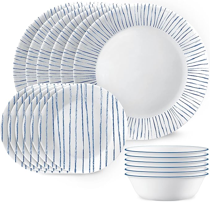 Corelle 18-Piece Dinnerware Set Service for 6 Lightweight Round Plates and Bowls Set Vitrelle Triple Layer Glass Chip Resistant Microwave and Dishwasher Safe Nautical Stripes