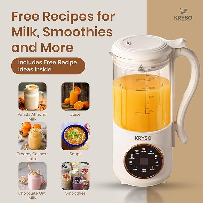 KRYSO 48OZ 8-in-1 Nut Milk Maker Machine Automatic Kitchen Appliance with Milk Frother | Almond Soy Oat &amp Plant-Based Drinks | Self-Cleaning Keep Warm Juice &amp Soup Maker