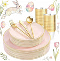 bUCLA 150PCS Pink Plastic Plates - Pink and Gold Disposable Include 25 Each (Dinner &amp Dessert) Plates 25 Knives 25 Forks 25 Spoons and 25 Cups Ideal for Party Wedding &amp Easter