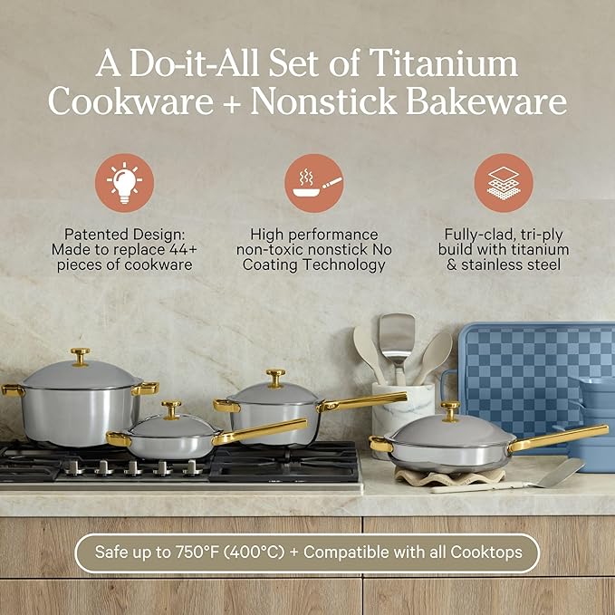 Our Place Titanium Pro Cookware &amp Bakeware Set | 15-Piece Non-toxic Nonstick Kitchenware with Titanium Always Pan Pro Perfect Pot Pro Minis &amp Ceramic Bakeware with Stovetop Griddle | Blue Sa