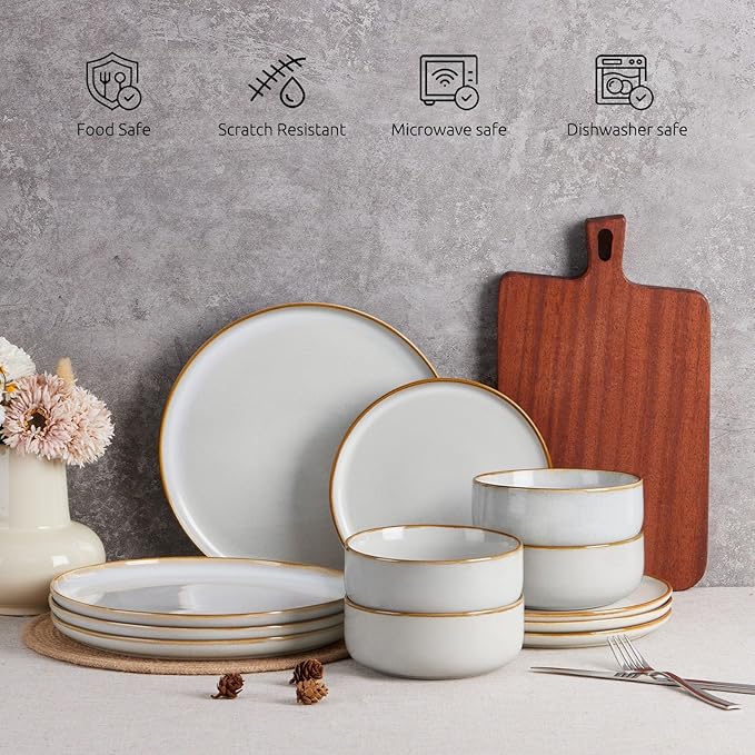 E-far Plates and Bowls Set for 4 12-Piece Stoneware Dinnerware Sets Ceramic Dinning Ware Reactive Glaze Dishes Set Microwave &amp Dishwasher Safe - Seashell White