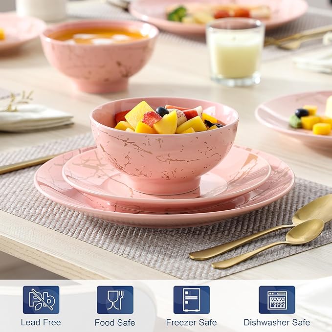 LOVECASA Pink Dinnerware Sets for 4 12 Piece Porcelain Plates and Bowls Sets Gold Splash Dish Set Modern Ceramic Dinner Set Dishwasher Microwave Safe