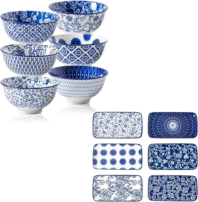 12 Pcs Ceramic Dinnerware - 12 OZ Dessert Bowls and 8 IN Rectangle Serving Platter Set - Service for 6 - Vintage Blue