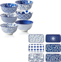12 Pcs Ceramic Dinnerware - 12 OZ Dessert Bowls and 8 IN Rectangle Serving Platter Set - Service for 6 - Vintage Blue