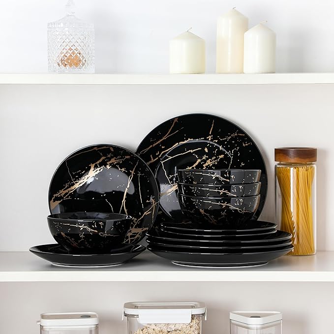 LOVECASA Plates and Bowls Sets for 4 12 Pieces Porcelain Dinnerware Sets Black and Gold Dish Set Gold Splash Dishware Sets Dishwasher Microwave Safe