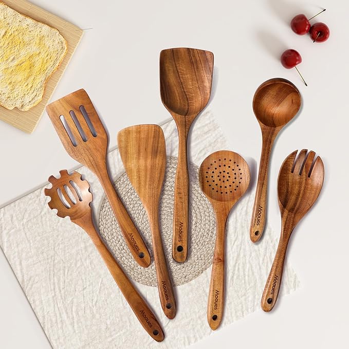 Wooden Spoons for Cooking Wooden Utensils for Cooking Natural Teak Wooden Kitchen Utensils Set Comfort Grip (7 PCS SET)
