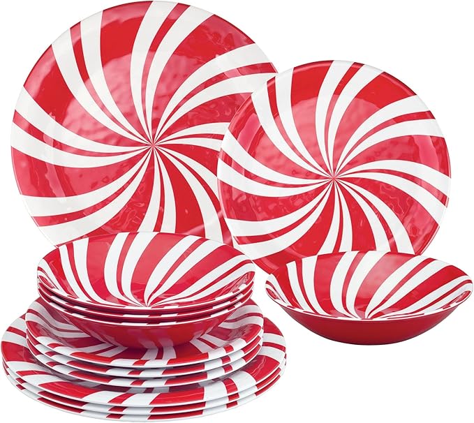 UPware 12 Piece Peppermint Melamine Dinnerware Sets Outdoor Dishes Set Plates and Bowls Sets Christmas Decorations Service for 4 Red