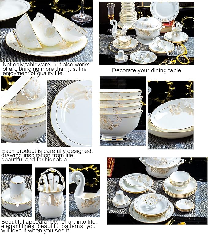 70 Pieces Dinnerware Set for 10White Porcelain Kitchen Bone China Dinner Combi-Set with Cereal Bowls Dessert Plates Dishes and Soup Plates Dinner Plates and Soup Pot with Gold Ri