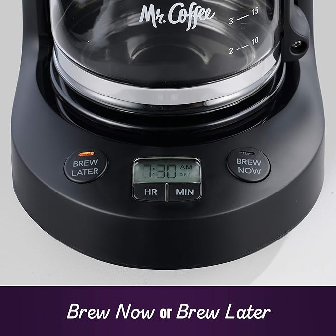 Mr. Coffee Programmable Coffee Maker 5 Cups with Auto Pause Glass Carafe Compact Design Black
