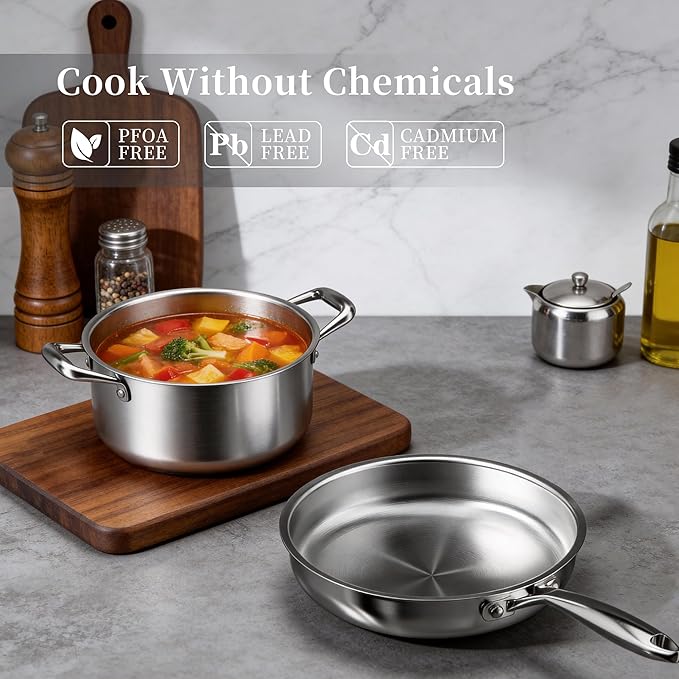 Stainless Steel Cookware Set - VONIKI Tri-ply Stainless Pots And Pans Set with Steamer Basket Non Toxic Induction Cookware Kitchen Cookware Sets PFOA &amp PTFE Free Dishwasher and Oven Safe