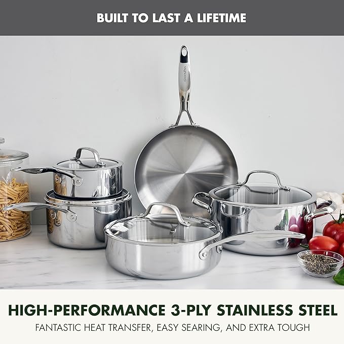 GreenPan Valencia Pro Tri-Ply Stainless Steel 9 Piece Cookware Set Induction Ready Pots &amp Pans Mirror Finish Dishwasher &amp Oven/Broiler Safe to 600F Compatible with All Cooktops