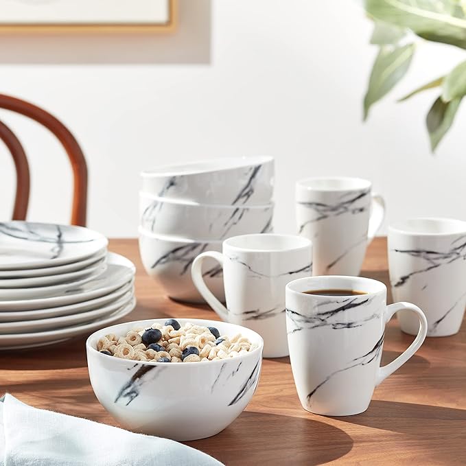 American Atelier Marble Black Coup Casual Round Porcelain Dinnerware Set-16 Piece Party Collection w/ 4 Dinner Salad Plates 4 Bowls &amp 4 Mugs 10.5 White