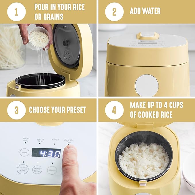 GreenLife Digital Rice Cooker 2-Cups Uncooked/4-Cups Cooked Removable Nonstick Ceramic PFAS-Free Pot One-Touch Presets Oats Quinoa Brown Rice Auto Keep Warm Fuzzy Logic Tech 1.5QT Butter Yel