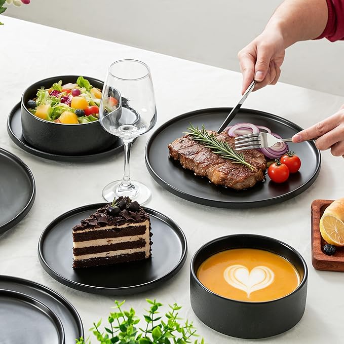 Plates and Bowls Sets 12 Piece Ceramic Dinnerware Set for Family and Gatherings Dishes Set for 4 Dishwasher &amp Microwave Safe Handcrafted Stoneware Sets Modern Black