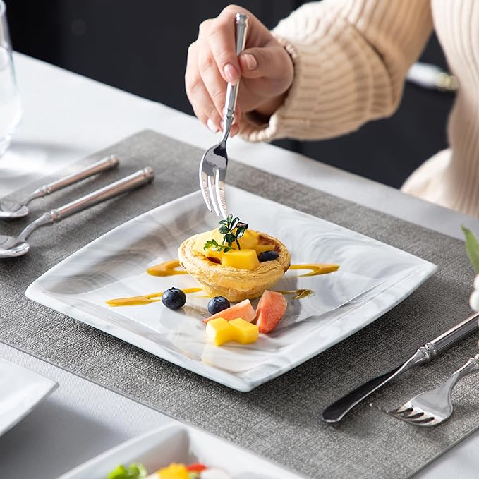 MALACASA Plates and Bowls Sets 12-Piece Porcelain Dinnerware Sets for 4 Square Plates and Bowls for Dessert Salad and Soup Ceramic Dishes Dining Dishware Set Marble Grey Series Blance