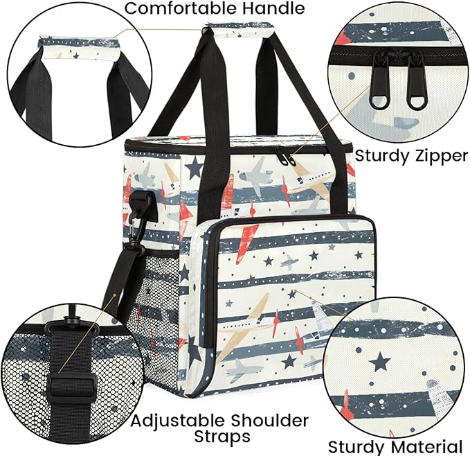 Cute Airplane Coffee Maker Carring Bag Large Insulated Storage Organizer Case Tote Bags with Shoulder Strap for Travel Work Picnic