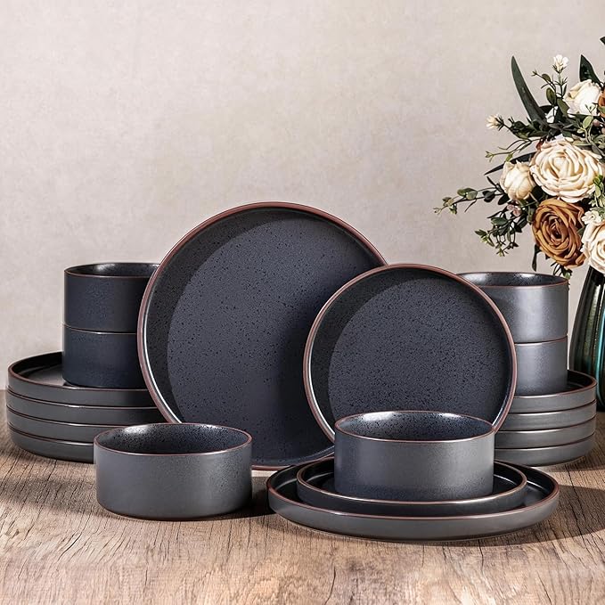LERATIO Ceramic Dinnerware Sets for 6 High Edge Stoneware Plates and Bowls Set Chip and Crack Resistant | Oven &amp Dishwasher &amp Microwave Safe Dishes Set Service for 6 -Ashen