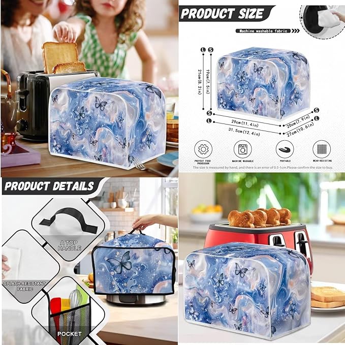 Butterfly Blue Marble 4 Slice Toaster Dust Cover (12.4x10.63x8.27Inch )Slow Cooker and Blender Cover with Top Handle Crock Pot Keep Appliance Clean for Christmas Decor Set