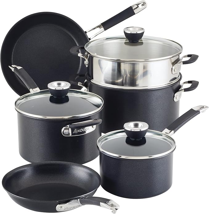 Anolon SmartStack Hard Anodized Nonstick Induction Nesting Cookware/Pots and Pans Set Dishwasher Safe 9 Piece - Black