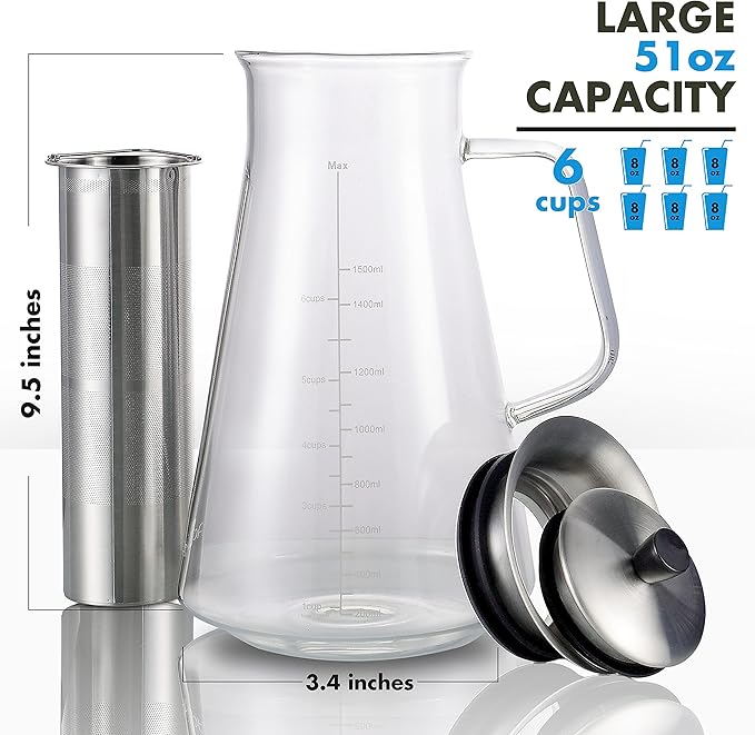 Aquach Airtight Cold Brew Coffee (Iced Tea) Maker 51oz/1.5L BPA-Free Durable Borosilicate Glass Pitcher and Stainless Steel Fine-Mesh Filter Dishwasher Safe Spill-proof 6 Cups Capacity