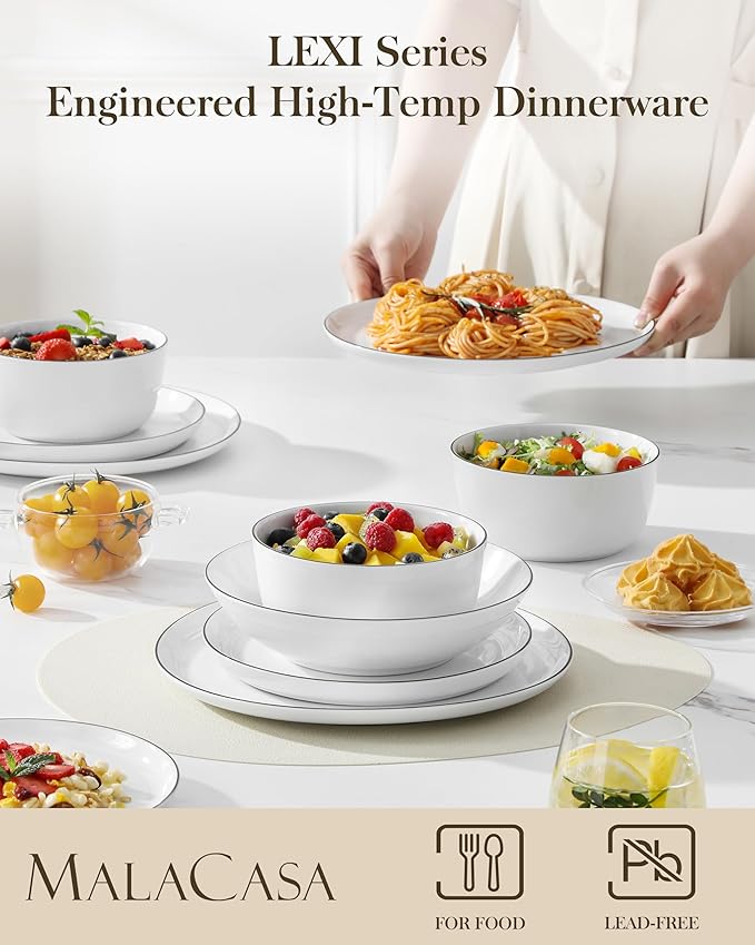 MALACASA 24 Pieces Gourmet Porcelain Dinnerware Sets Premium Plates and Bowls Set High-Fired Dishes Set for 6 Chip &amp Scratch Resistant Microwave Dishwasher Safe White &amp Black Rim Series