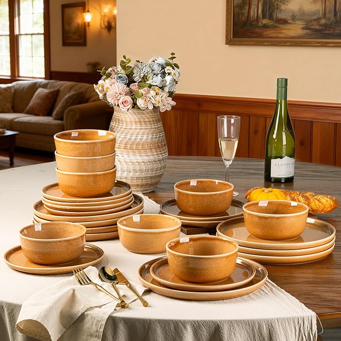 GBHOME Ceramic Dinnerware Sets for 8 24 Pieces Stoneware Plates and Bowls Sets Scratch Resistant Dishes Dishwasher &amp Microwave Safe Reactive Glaze-Amber