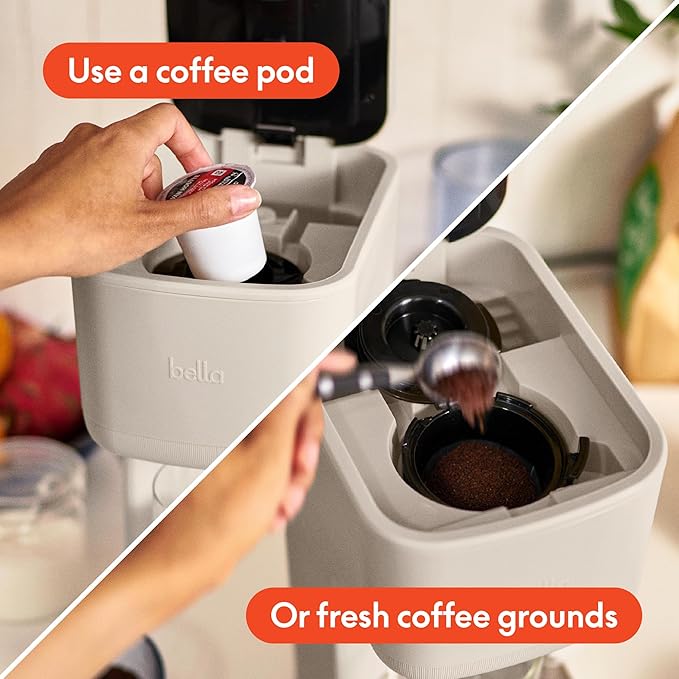 BELLA Single Serve Coffee Maker K Cup &amp Coffee Ground Compatible with Removable Adjustable Drip Tray Auto Shutoff &amp Reusable Dishwasher Safe Accessories Brews 6oz to 14oz 1000 Watt Oatmi
