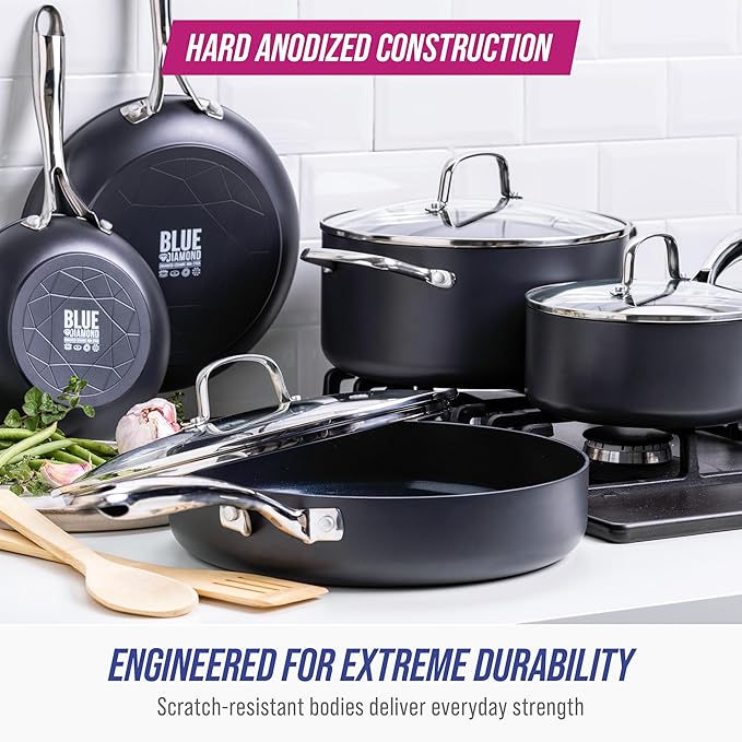 Blue Diamond Cookware Hard Anodized Ceramic Nonstick 10 Piece Cookware Pots and Pans Set Non-Toxic PFAS-Free Dishwasher and Oven Safe Durable Even Heating Metal Utensil Safe Gray