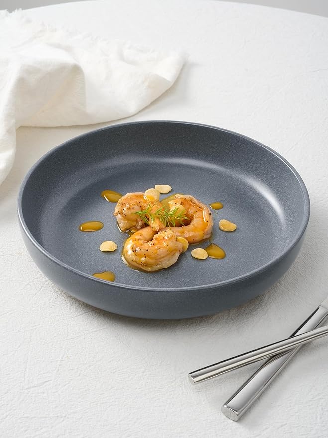 Famiware Milkyway Plates and Bowls Set 12 Pieces Dinnerware Sets and 4 Pieces Pasta Bowls Double Reactive Glaze Sturdy &amp Stackable Stoneware Dishes Set for 4 Matte Dark Charcoal