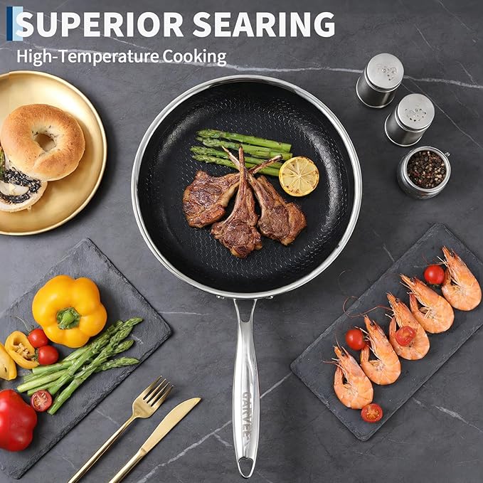 Garvee 6-Piece Tri-Ply Steel Nonstick Fry Pan Set 8/10/12 Inch Induction Ready Frying Pans with Tempered Glass Lids &amp Stay-Cool Handles Dishwasher Safe &amp Oven Safe Compatible with All Cookt