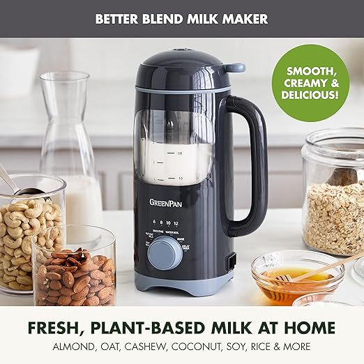 GreenPan Nut Milk Maker 15-in-1 Homemade Soy Almond Oat Coconut Non-Dairy Rice Soup Baby Food BPA-Free Smooth Creamy Texture Self Clean Barista Quality Milk Delay Start Boil Water Gray