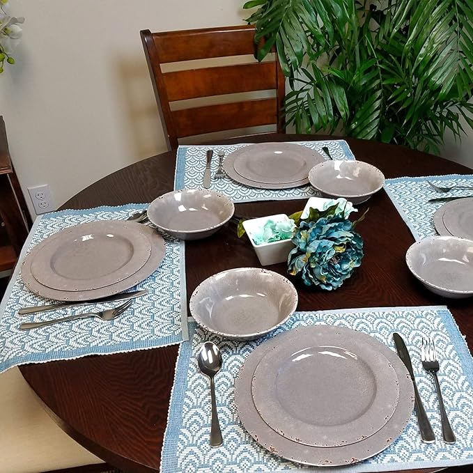 Misc Studio California 12 Piece Dinnerware Set in Gray Crackle Look Decal Grey Coastal Modern Contemporary Round Melamine Piece Dishwasher Safe