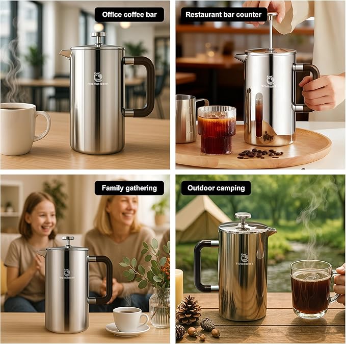 1L/34 Oz French Press Coffee Maker304 Stainless Steel Coffee PressDurable &amp Easy CleanLeak-Proof DesignPrensa Francesa Para Cafe for HomeOfficeCamping (Silver-Upgrade)