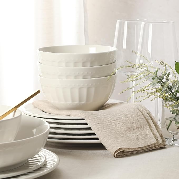 Gibson Home Melbourne White Plates and Bowls Set 16 Piece Embossed Ceramic Dinnerware Set - Service for 4 Dishes - With Pasta Bowl