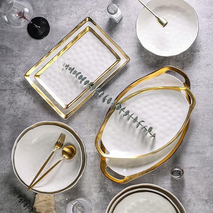 Stone Lain Florian Porcelain Large and Medium Rectangle Service Platters White with Gold Rim