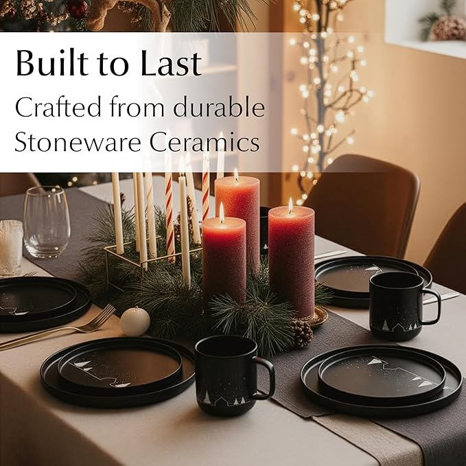 MIAMIO – Christmas Dinnerware Set 12-Piece/Christmas Plates Set with Mugs in minimalist holiday design (Service for 4) / Dishwasher and Microwave Safe – Vinter Collection