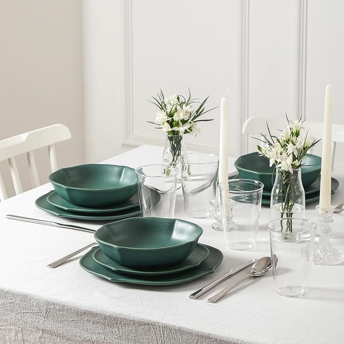 Stone Lain Baskerville 16-Piece Dinnerware Set Stoneware Borosilicate Glass Green