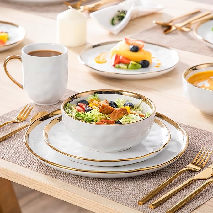 LOVECASA 16 Pieces Plates and Bowls Sets Porcelain White and Gold Dinnerware Sets Round Dinner Plates Dishes Set Service for 4 Dishwasher Safe and Scratch Resistant White