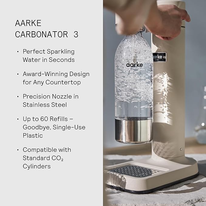 Aarke Carbonator lll Sparkling &amp Carbonation Water Machine Stainless Steel with PET BPA-Free Reusable Bottle Volume 1L/34 fl oz (Sand)