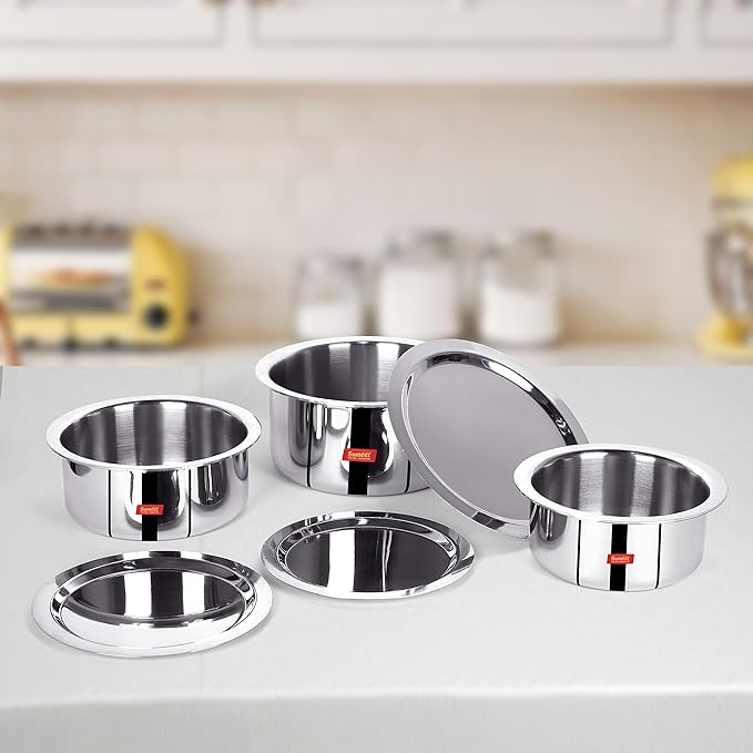 Sumeet Cook Smart TriPly SAS (Steel-Aluminium-Steel - 3 Layers) Tope Set of 3Pcs with Lid - No.18 (2Ltr 18Cm) No. 20(3Ltr 20Cm) No.22 (4Ltr 22Cm)
